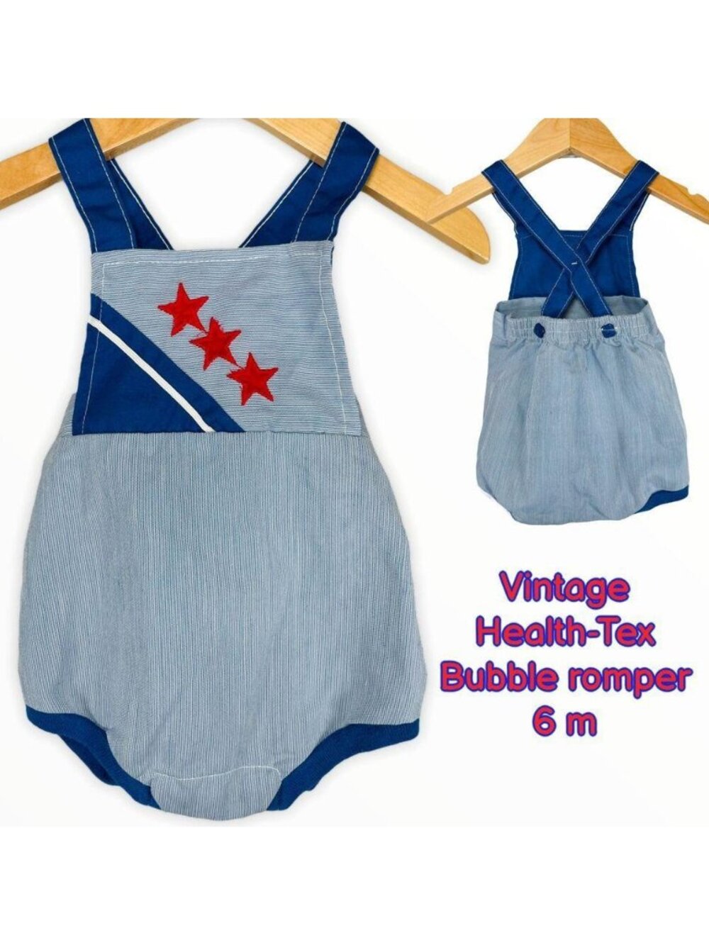 Vintage Healthtex Baby Boy Stars Appliqué USA Apron Bubble Romper Outfit 6m